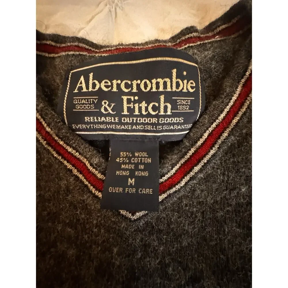 Vintage Abercrombie & Fitch Sweater Mens Grey Wool Blend V Neck Pullover 90s M